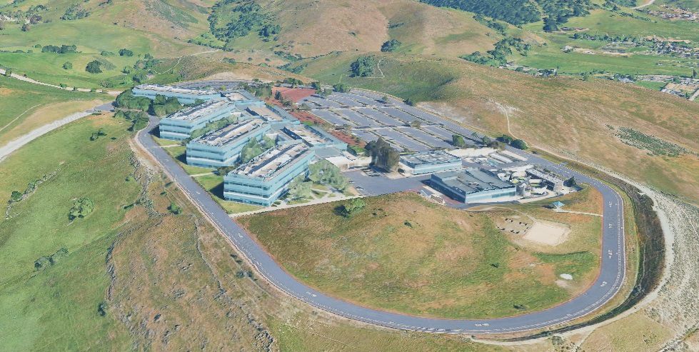 Aerial view of the 650 Harry Road campus, San Jose, on the ridge above Silicon Valley